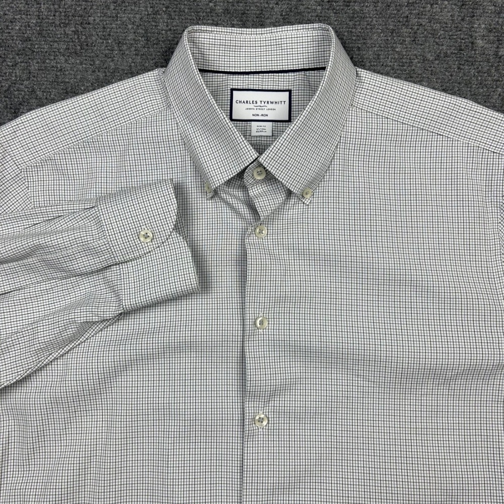 Charles Tyrwhitt Dress Shirt Men 17/35 Black White Micro Check Non-Iron Slim Fit